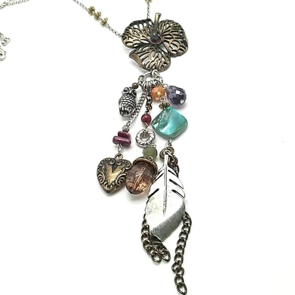M&S Long Boho Charm Necklace Mixed Metals Colorful Beads Nature-Inspired Dangles - Picture 11 of 16